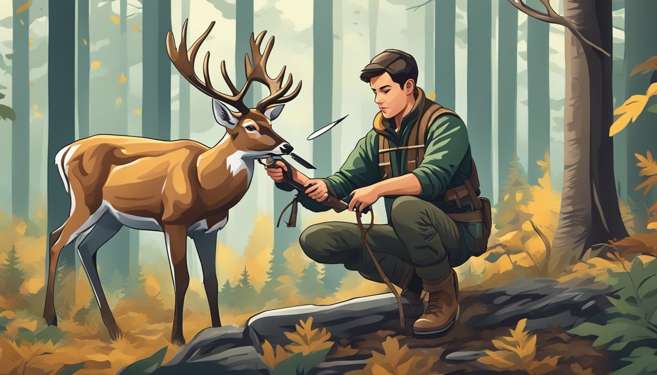 A young hunter carefully uses a compact, durable knife to skin a freshly caught deer in the forest