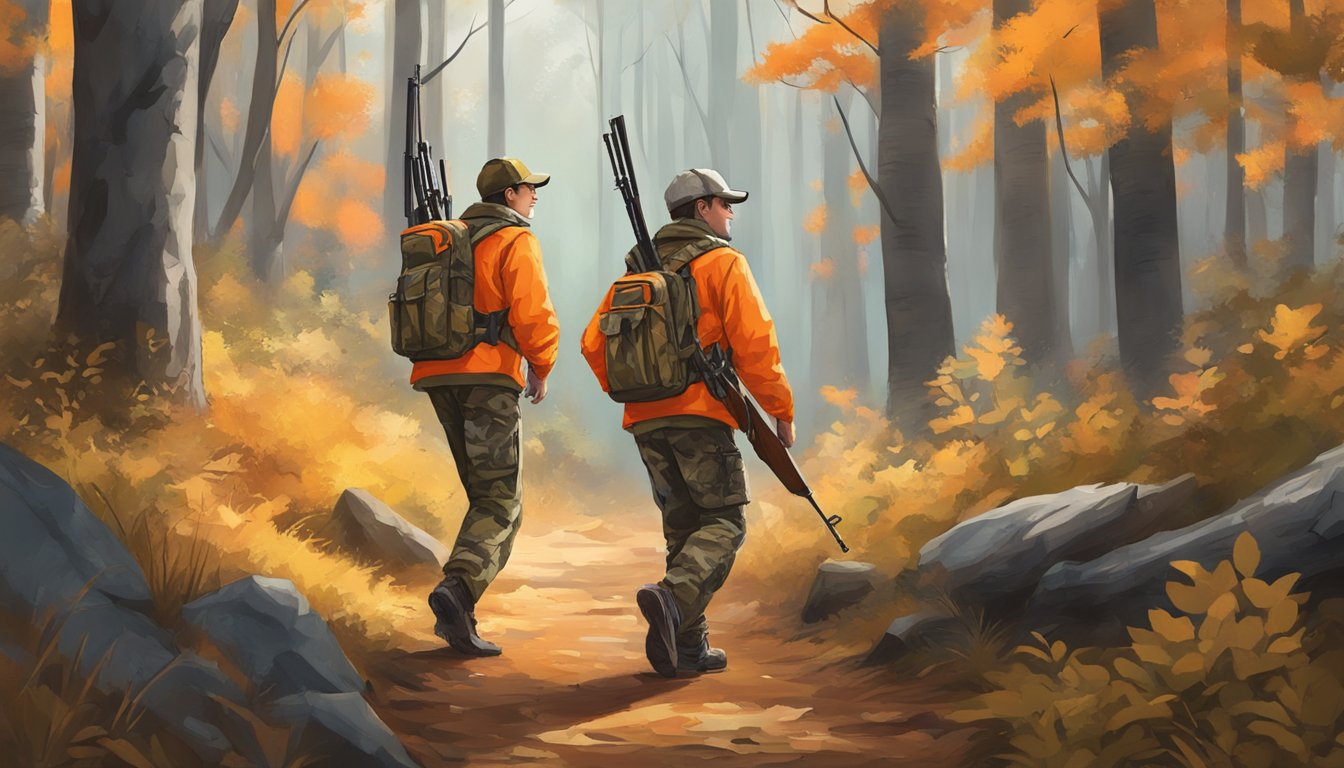 A young hunter wearing camouflaged clothing and a bright orange safety vest, carrying a rifle, walks through a wooded area