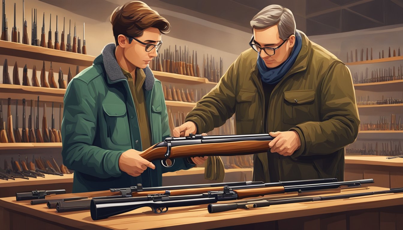 A young hunter carefully selects a rifle caliber from a display of various options, with an experienced mentor offering advice nearby