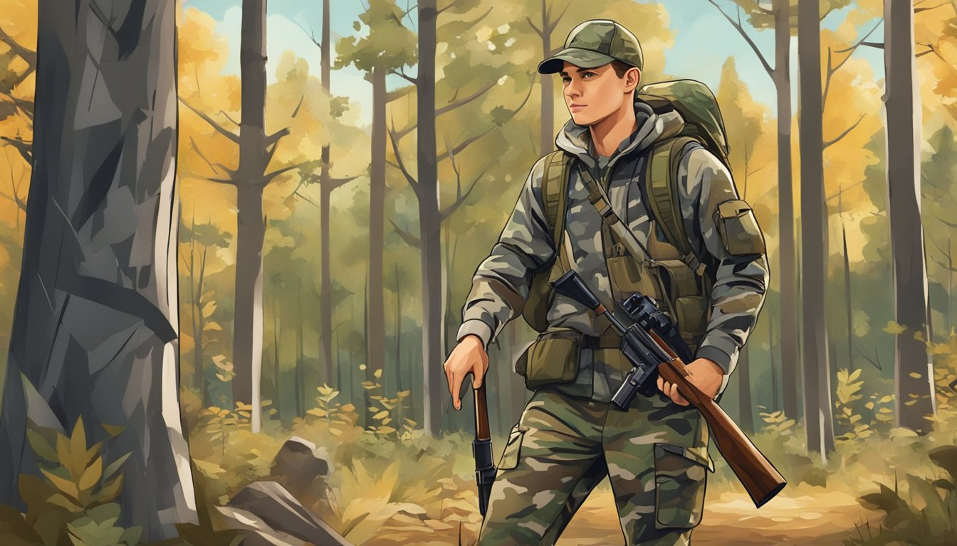 A young hunter in camouflage clothing, wearing a backpack and carrying a rifle, stands in a wooded area with hunting accessories scattered around