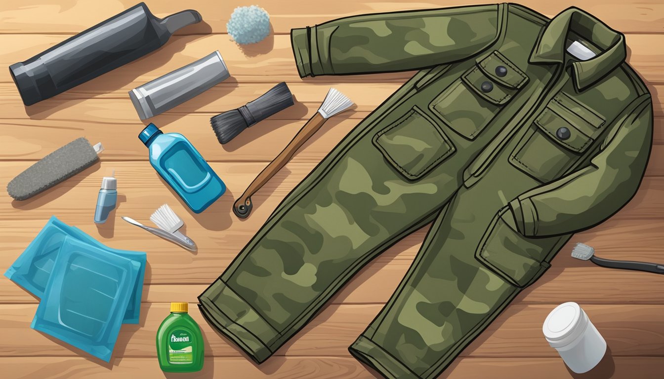 A pair of youth hunting pants and a camouflage jacket are laid out on a wooden table, surrounded by a bottle of scent-free detergent, a brush, and a small repair kit