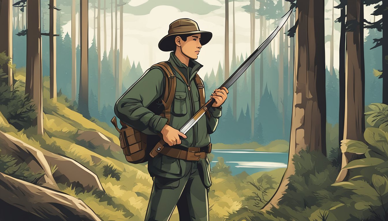 A young hunter holds a sleek, sturdy knife, surrounded by forest and wildlife