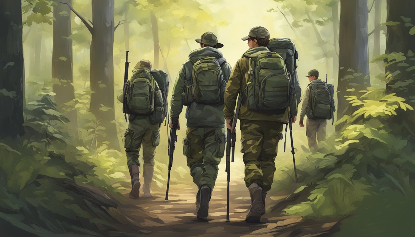 A group of young hunters in camouflaged gear, carrying rifles and backpacks, walking through a forest with their mentors