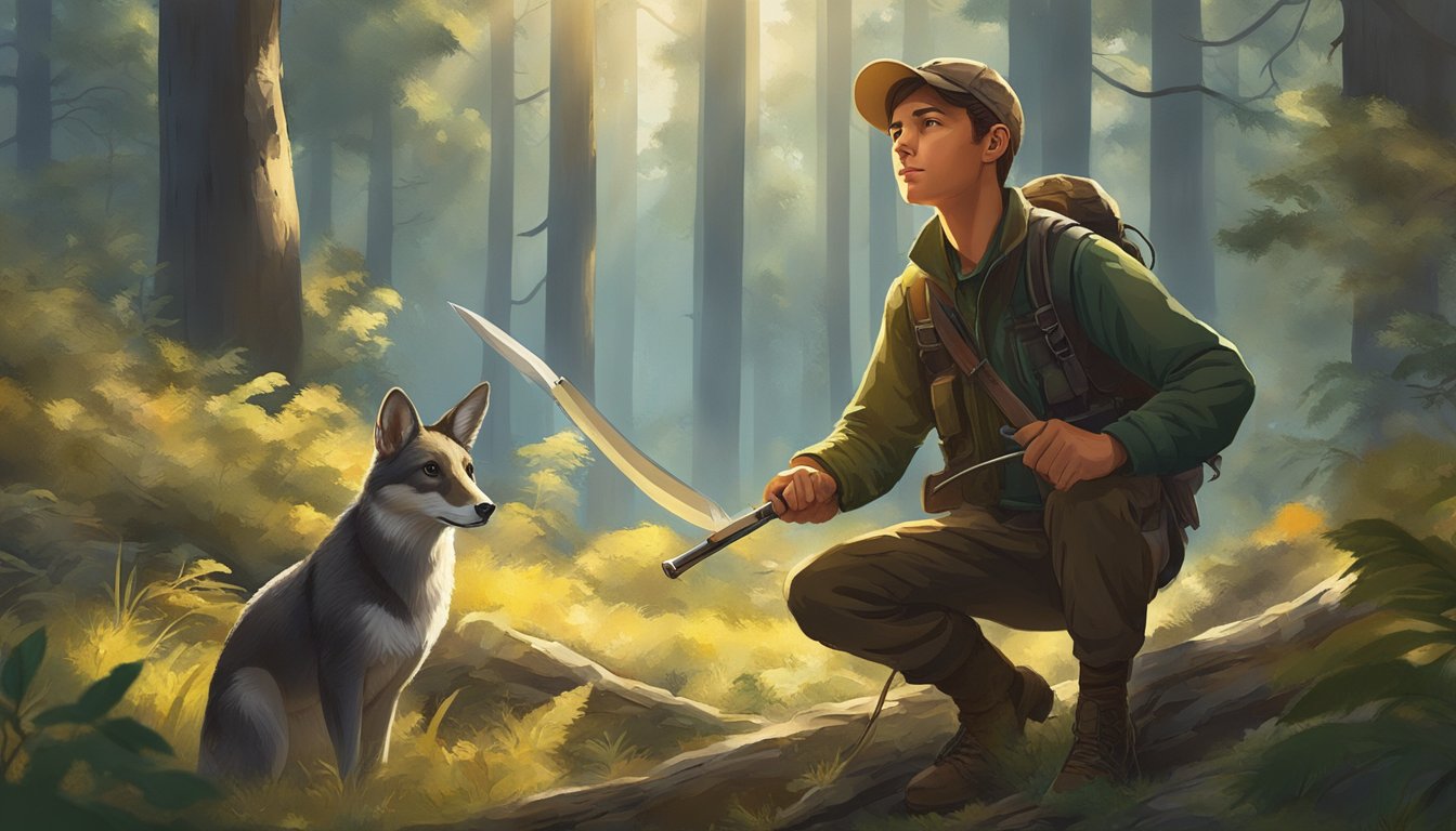 A young hunter holds a sleek, durable knife, surrounded by a forest teeming with wildlife. The blade gleams in the sunlight, promising an enhanced hunting experience