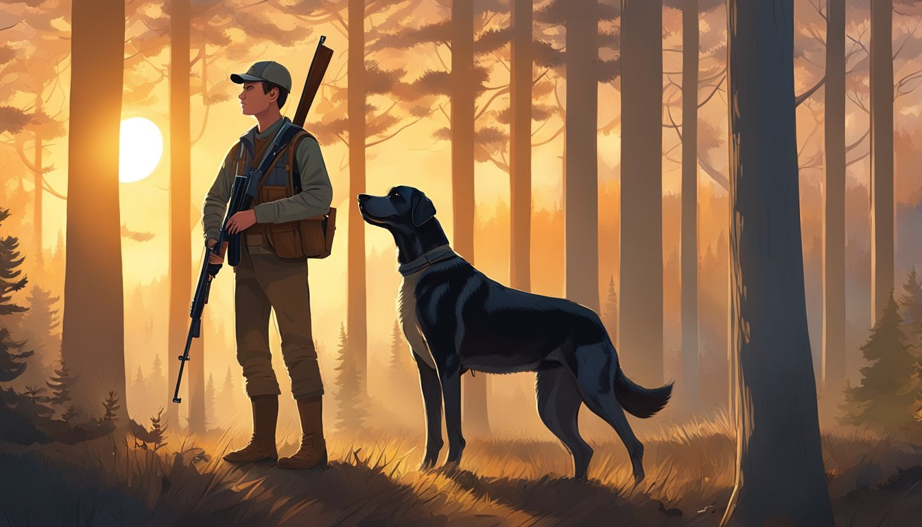 A young hunter holding a rifle, standing in a forest clearing with a hunting dog by their side. The sun is setting, casting a warm glow over the scene