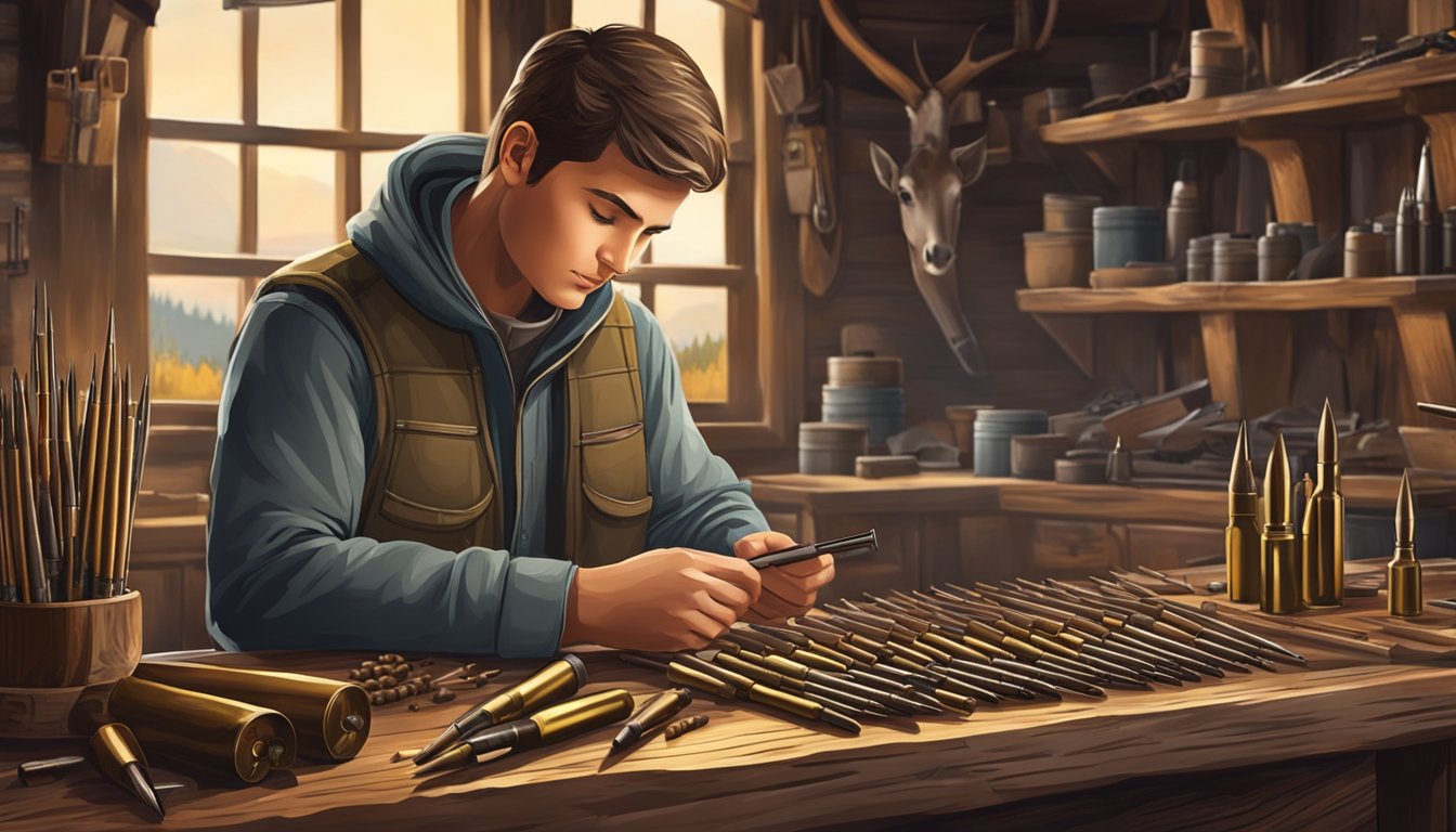 A young hunter carefully selects ammunition for their rifle from a variety of options displayed on a table in a rustic hunting lodge