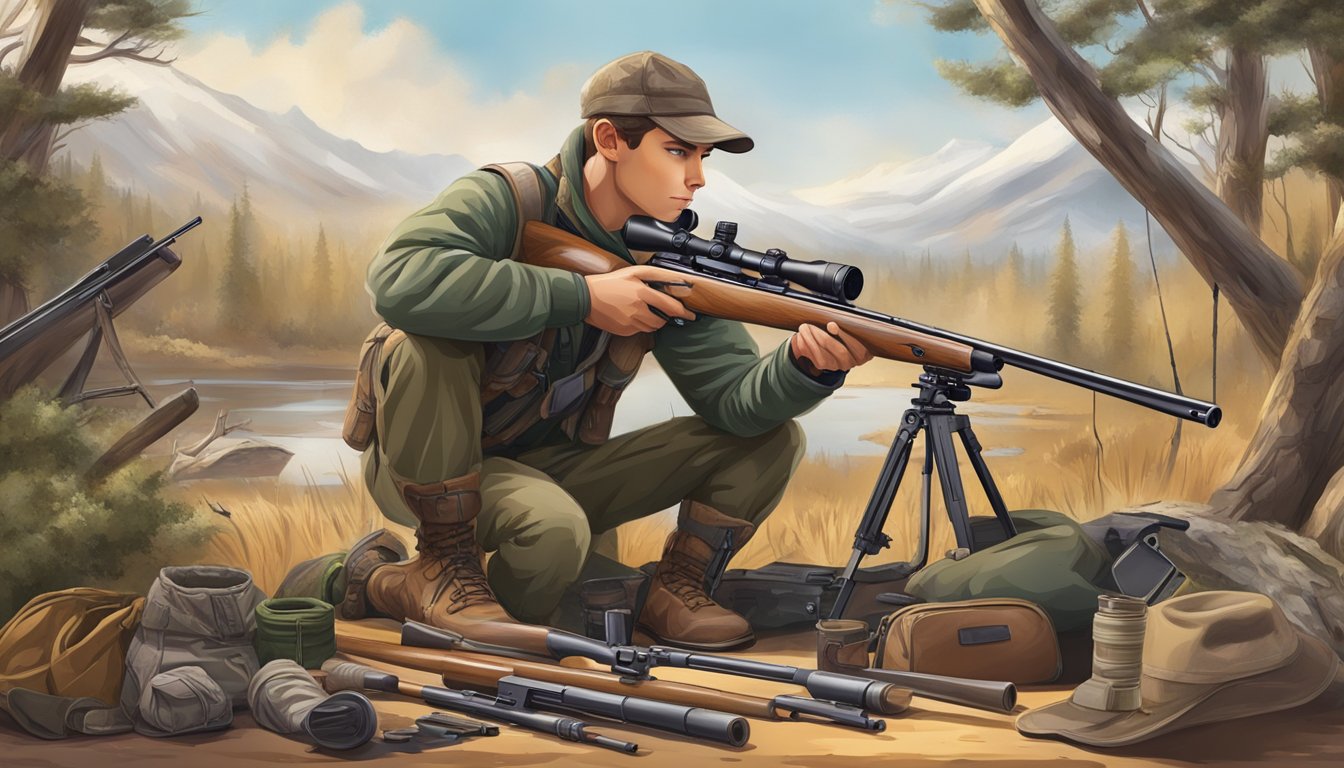 A young hunter carefully inspects a sleek rifle, surrounded by various hunting gear and equipment, with a focused and determined expression on his face