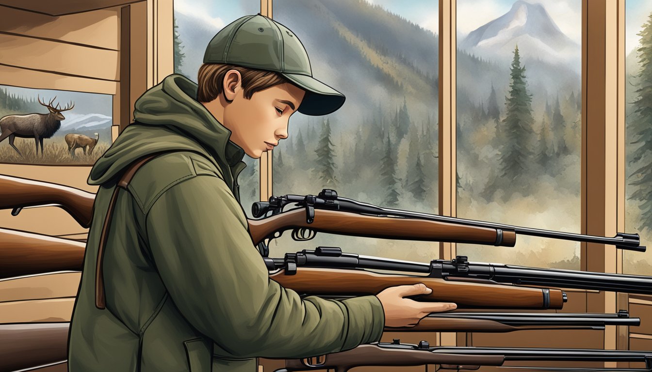 A young hunter carefully selecting a rifle from a display of various youth-sized hunting rifles, with a majestic elk in the background