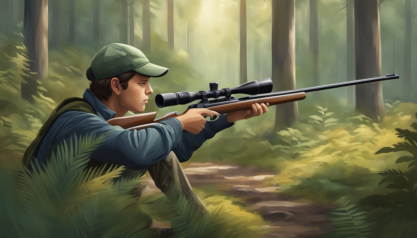 A young hunter aiming a sleek, lightweight rifle in a tranquil forest clearing