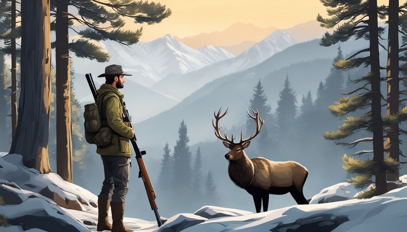 A young hunter stands in a mountainous landscape, holding a sleek rifle with a scope. A majestic elk stands in the distance, framed by tall pine trees