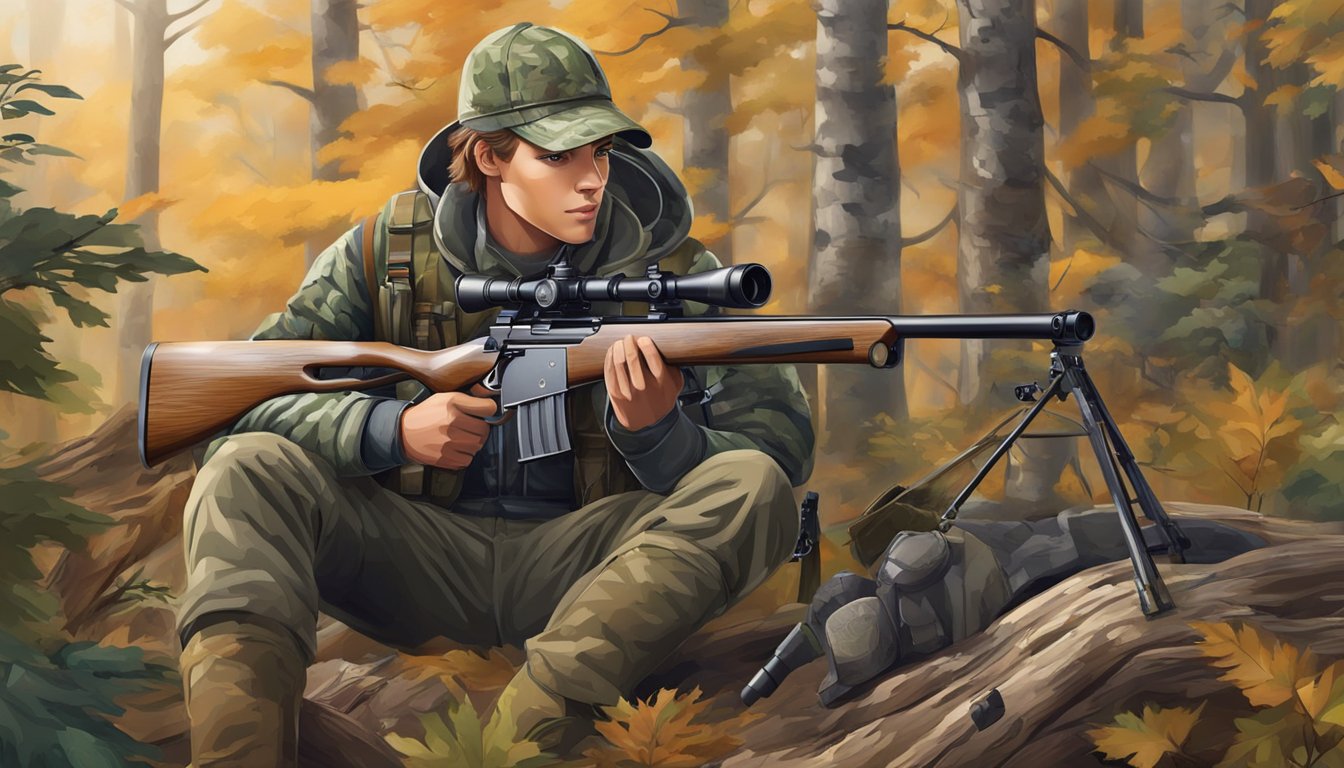 A young hunter holds a sleek rifle, with a camouflage sling and scope attached, surrounded by various hunting accessories and add-ons