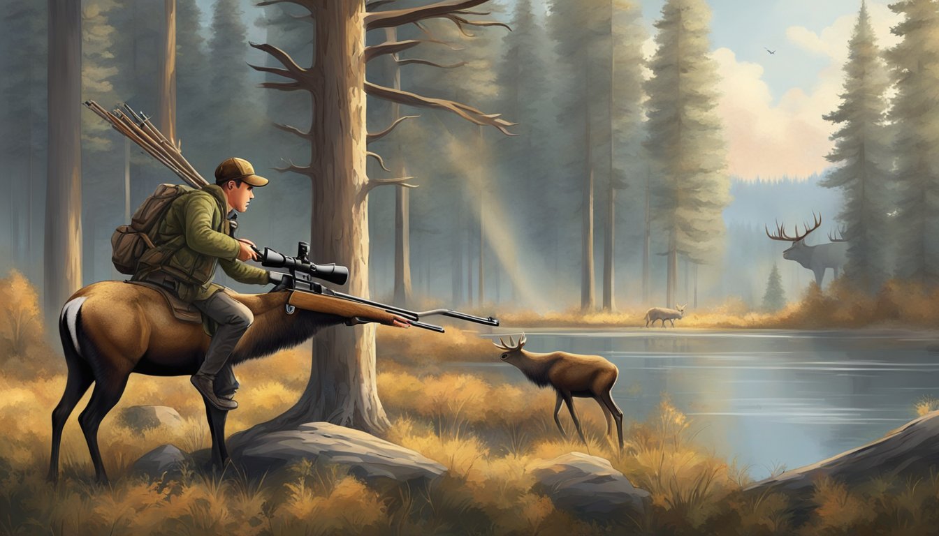 A young hunter aims a rifle at a majestic elk in a tranquil forest clearing. The comfortable grip and smooth action enhance the shooting experience