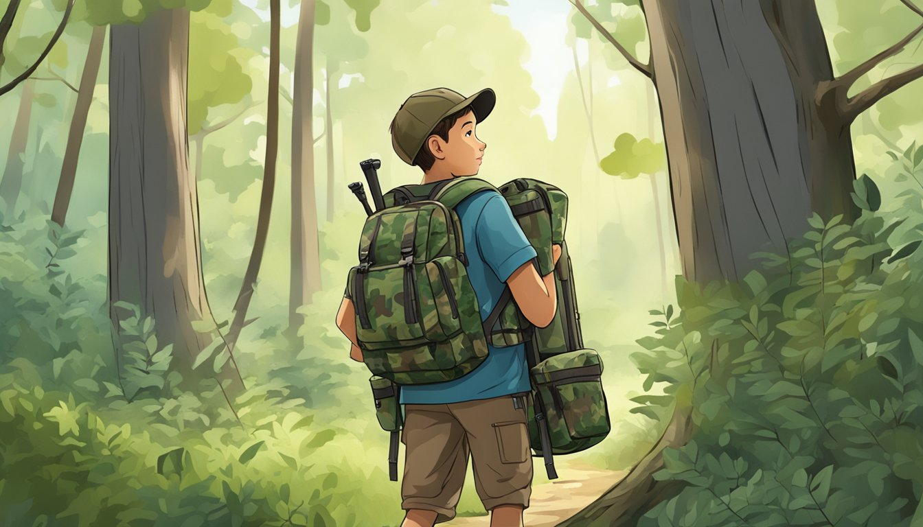 A young boy stands in a forest clearing, wearing a camouflaged hunting backpack. The backpack is filled with gear and has multiple pockets and straps