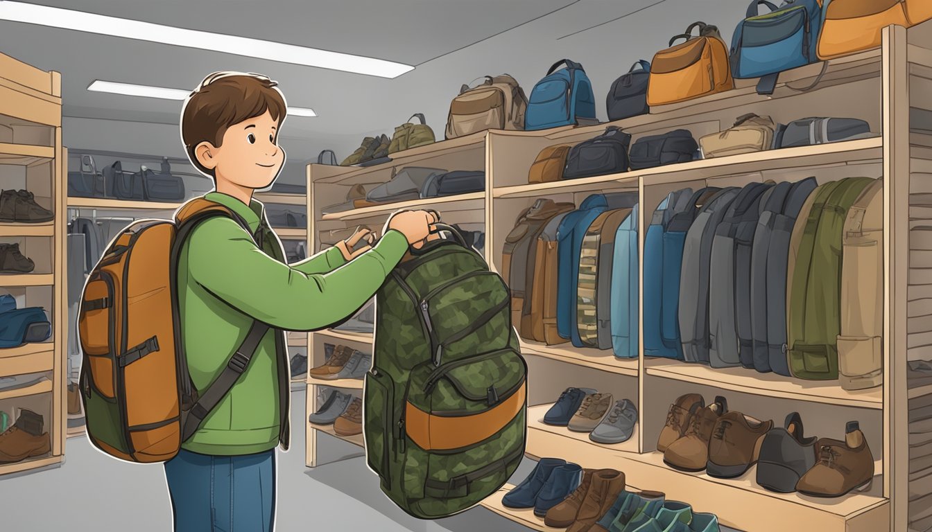 A young boy tries on a hunting backpack, adjusting the straps and examining the fit in a store