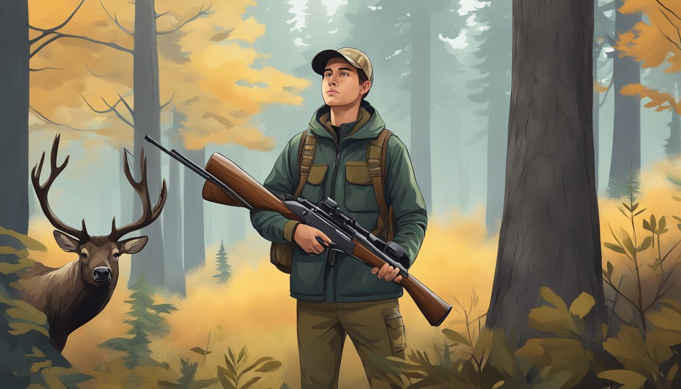 A young hunter holding a rifle with safety features, standing in a forest with elk in the background