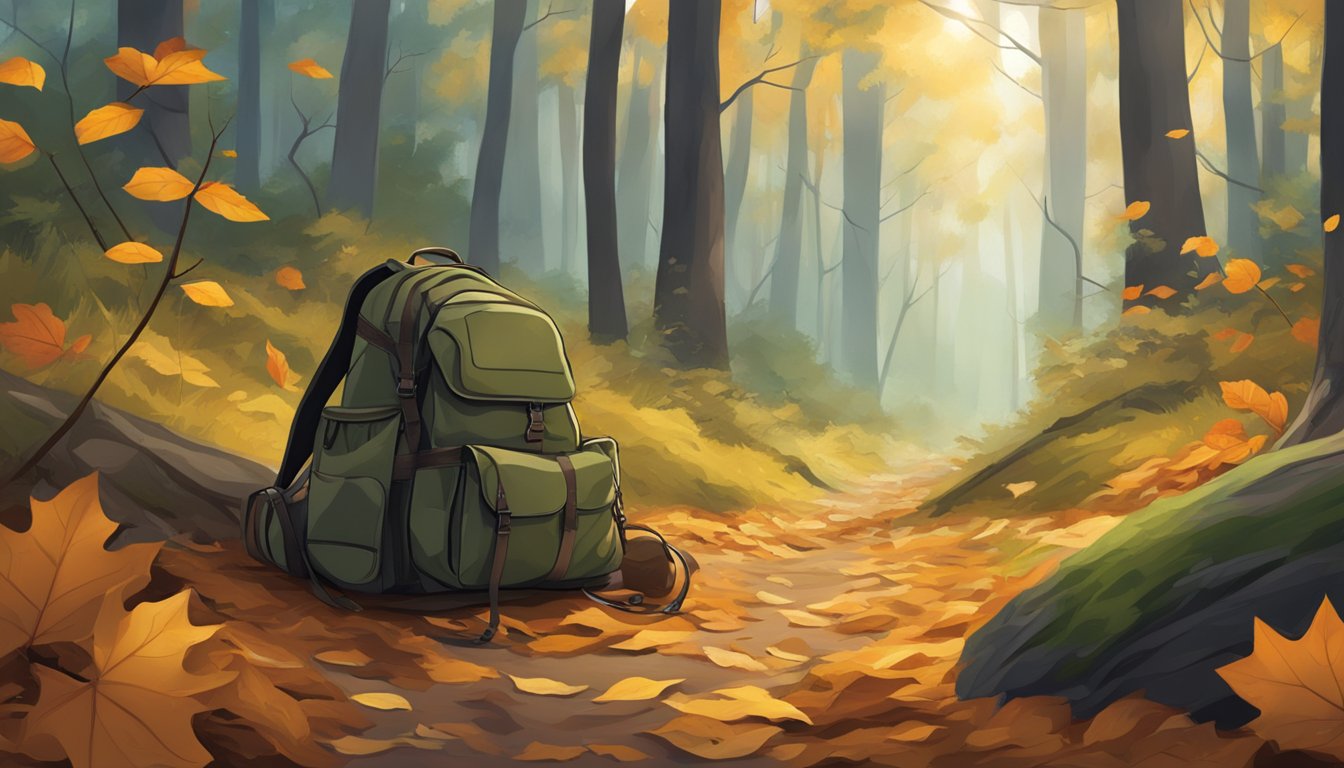 A forest floor with fallen leaves and branches, where a youth hunting backpack blends seamlessly into the surroundings