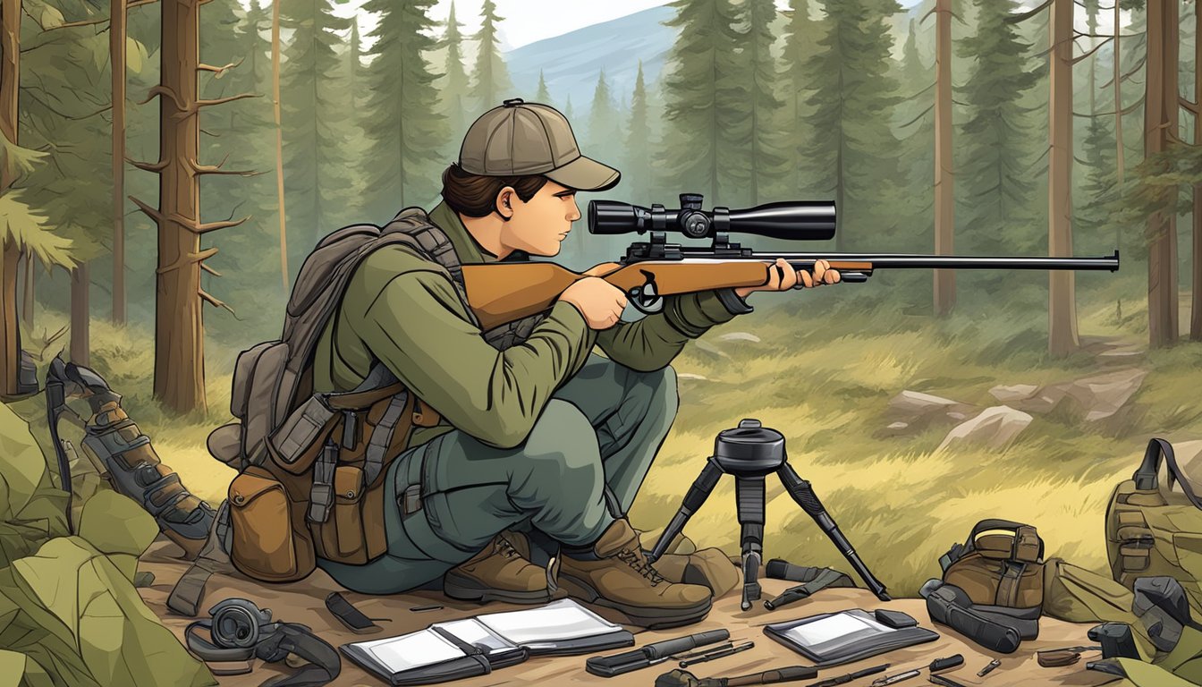 A young hunter carefully inspects a sleek, lightweight rifle, surrounded by gear and equipment for a hunting trip in the wilderness