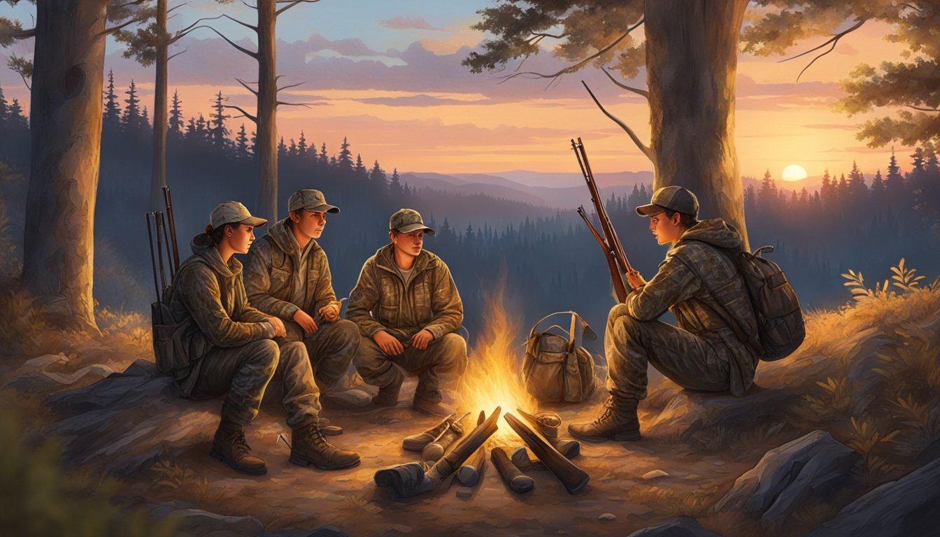 A group of young hunters gathered around a campfire, their gear neatly organized in durable, camouflaged hunting packs. The sun sets behind the trees, casting a warm glow over the scene