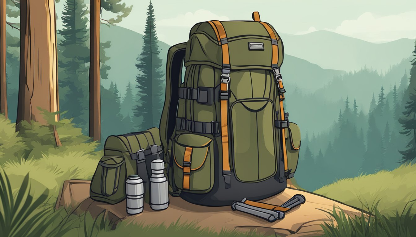 A sturdy hunting backpack with reflective strips, adjustable straps, and multiple pockets, set against a forest backdrop with a rifle and hunting gear nearby