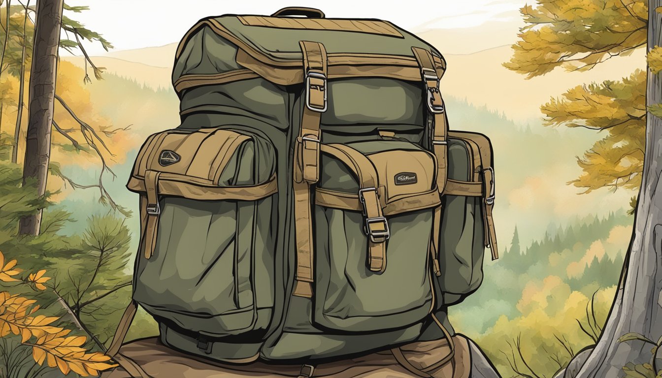 A rugged youth hunting pack with multiple compartments and adjustable straps, set against a forest backdrop with wildlife in the distance