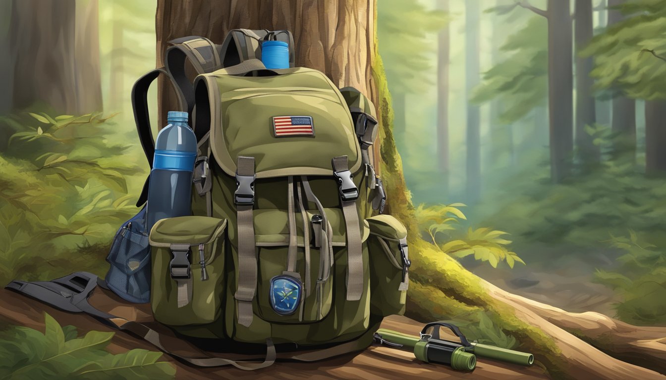 A boys' youth hunting backpack with multiple compartments and additional accessories, such as a water bottle holder and rifle straps, hangs from a tree branch in a forest setting