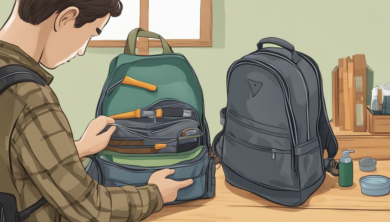 A boy's youth hunting backpack being cleaned and oiled by a person to maintain its durability and performance