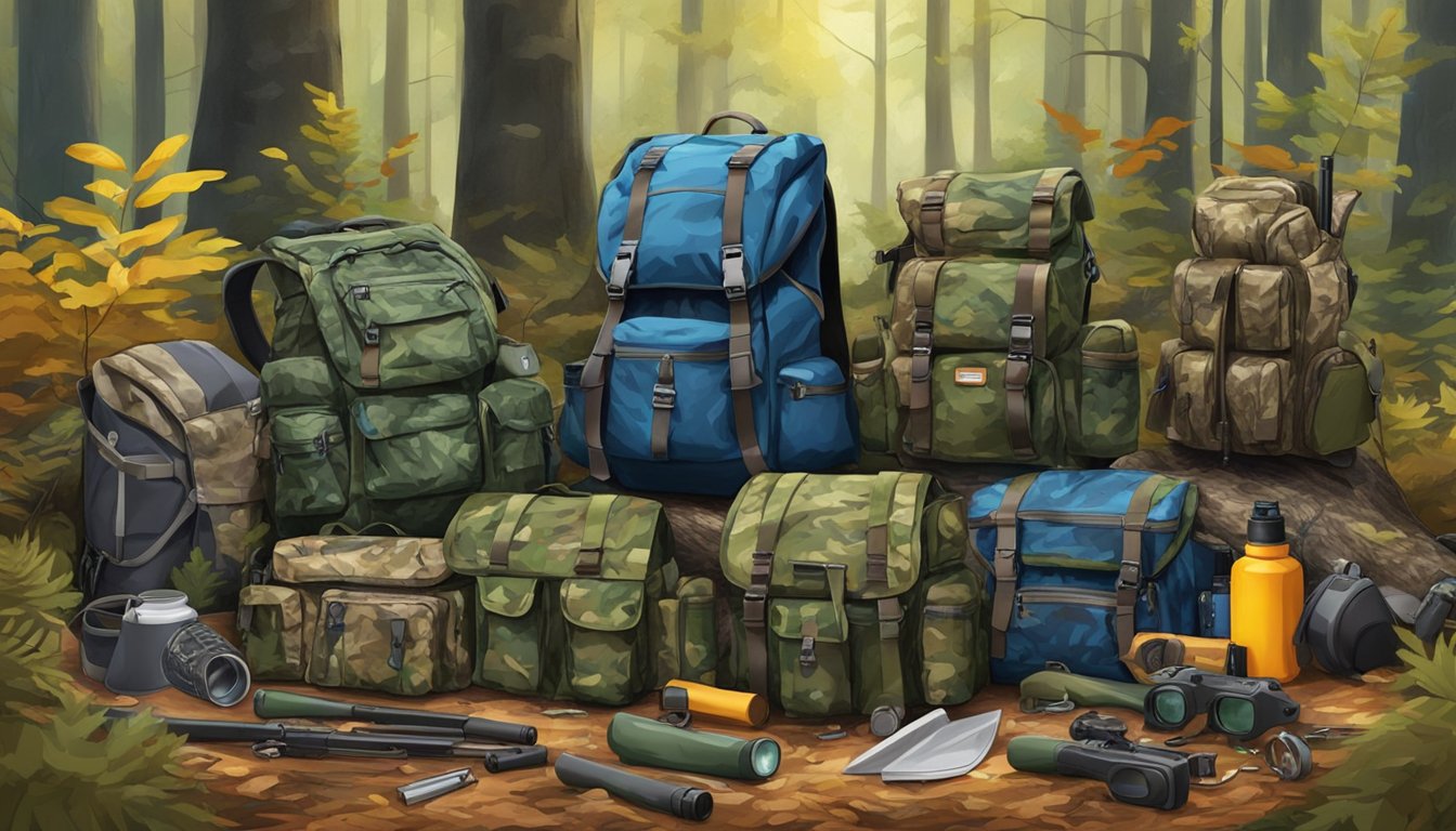 A group of colorful youth hunting packs arranged on a forest floor, surrounded by camouflage gear and hunting accessories