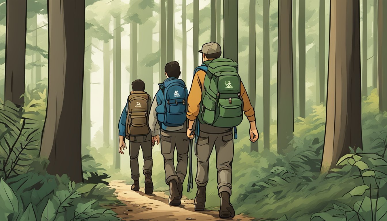 A group of boys trek through a forest, carrying hunting backpacks branded with popular outdoor gear logos