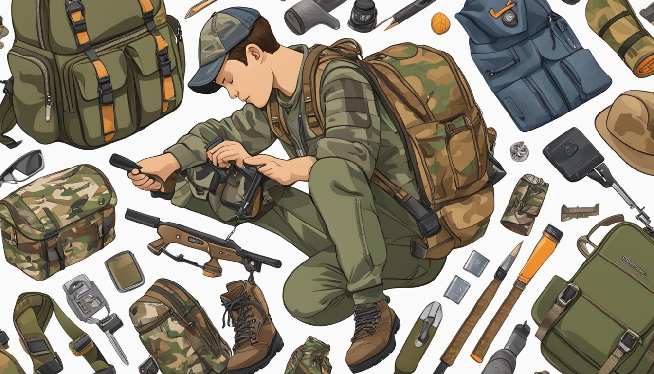 A young boy adding patches and pins to a camo backpack, surrounded by hunting gear and outdoor accessories