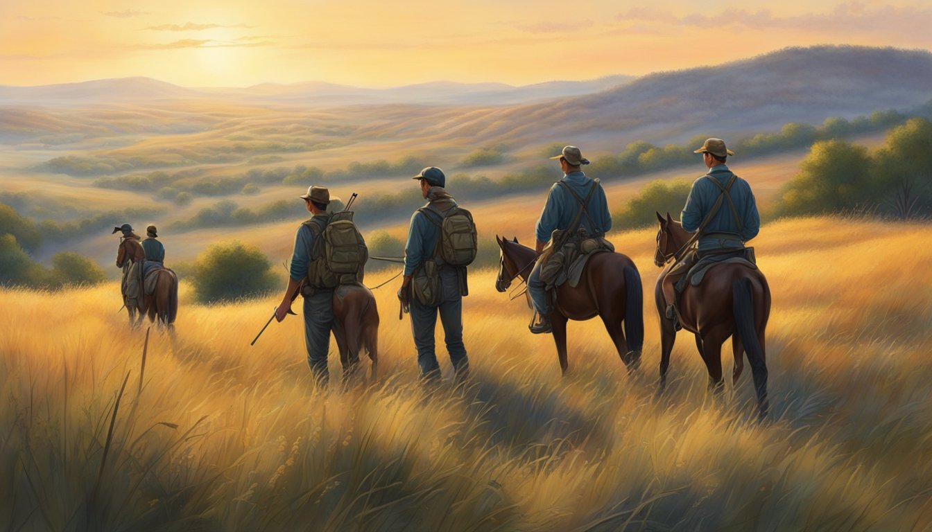 A group of young hunters gather in the early morning light, surrounded by the rolling hills and dense brush of Burnet County