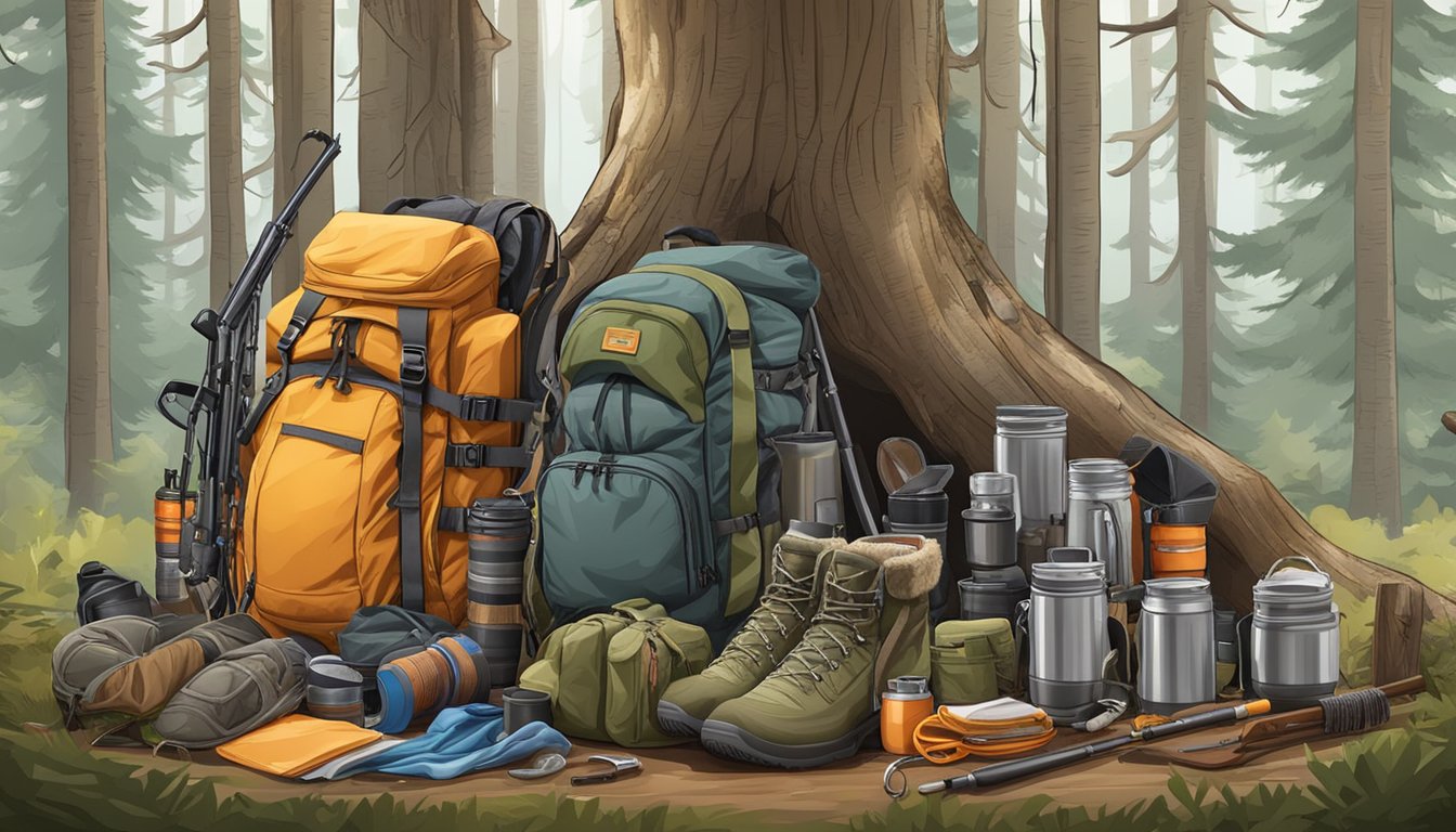 A young hunter's pack hangs neatly organized on a tree branch, surrounded by camping gear and hunting equipment