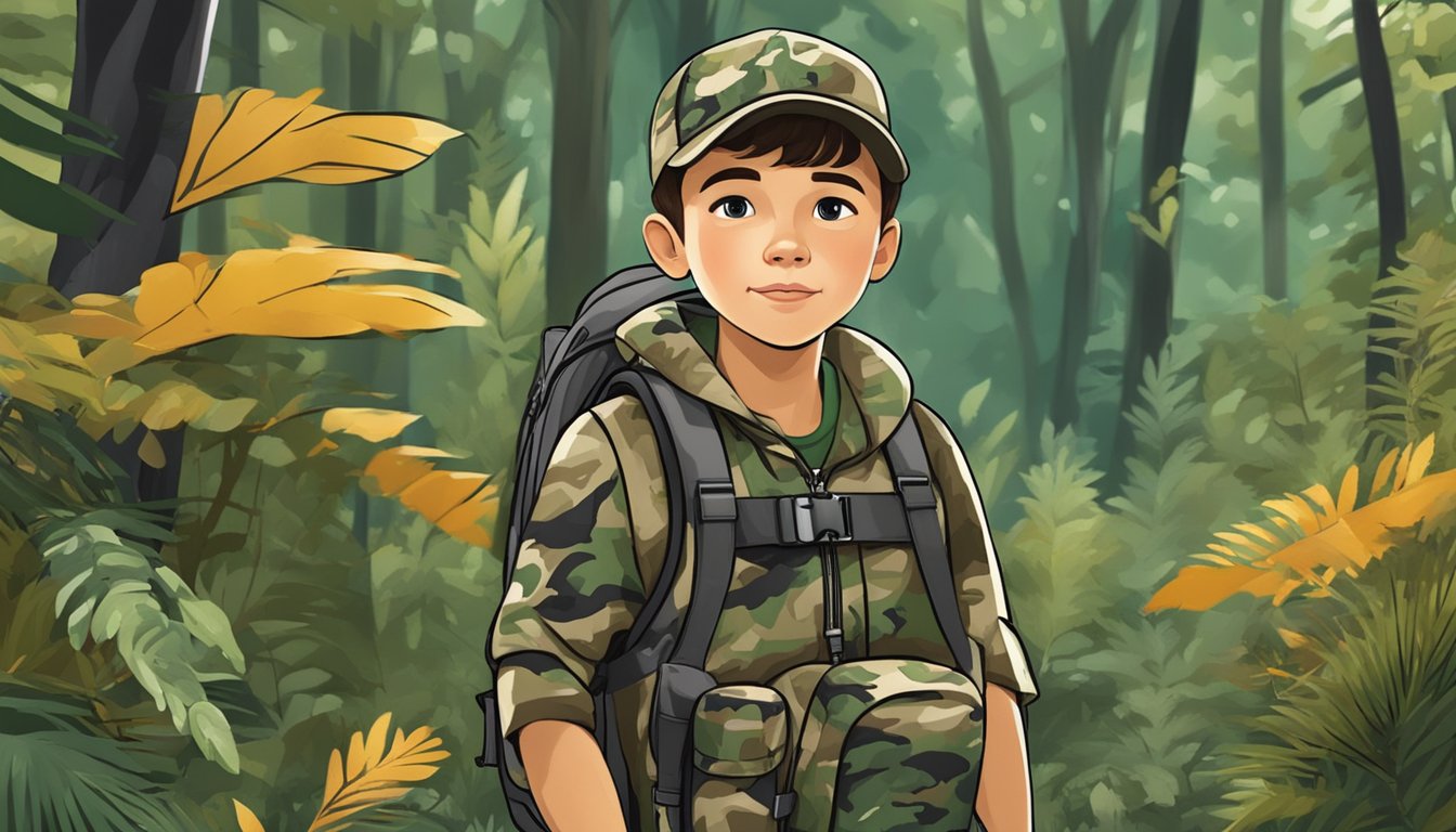 A young boy in camouflage gear holds a hunting backpack, surrounded by forest and wildlife. Signs point to exclusive offers and discounts