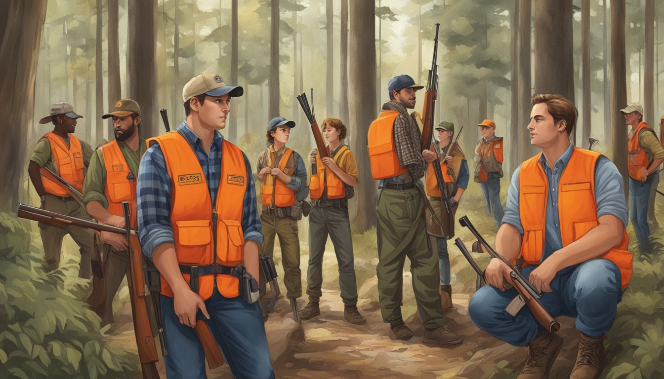 A group of young hunters in orange vests gather with adult supervisors in a wooded area, rifles slung over their shoulders, while signs display hunting regulations