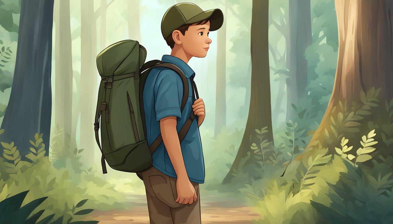 A young boy holding a hunting backpack, standing in a forest with trees and wildlife in the background