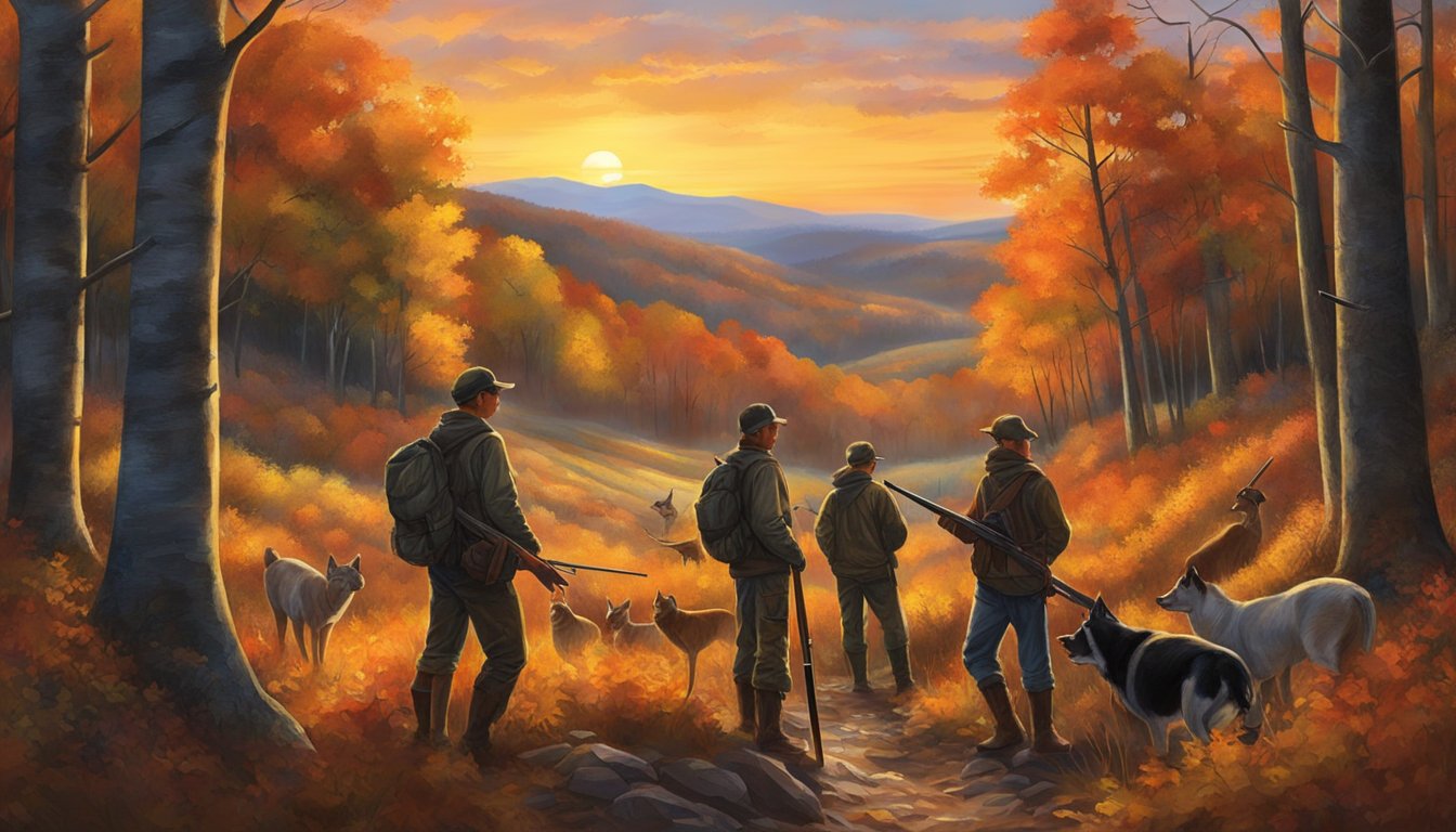 A group of young hunters gather in the woods, surrounded by the vibrant colors of autumn. The sun sets behind the hills as they prepare for the start of the hunting season