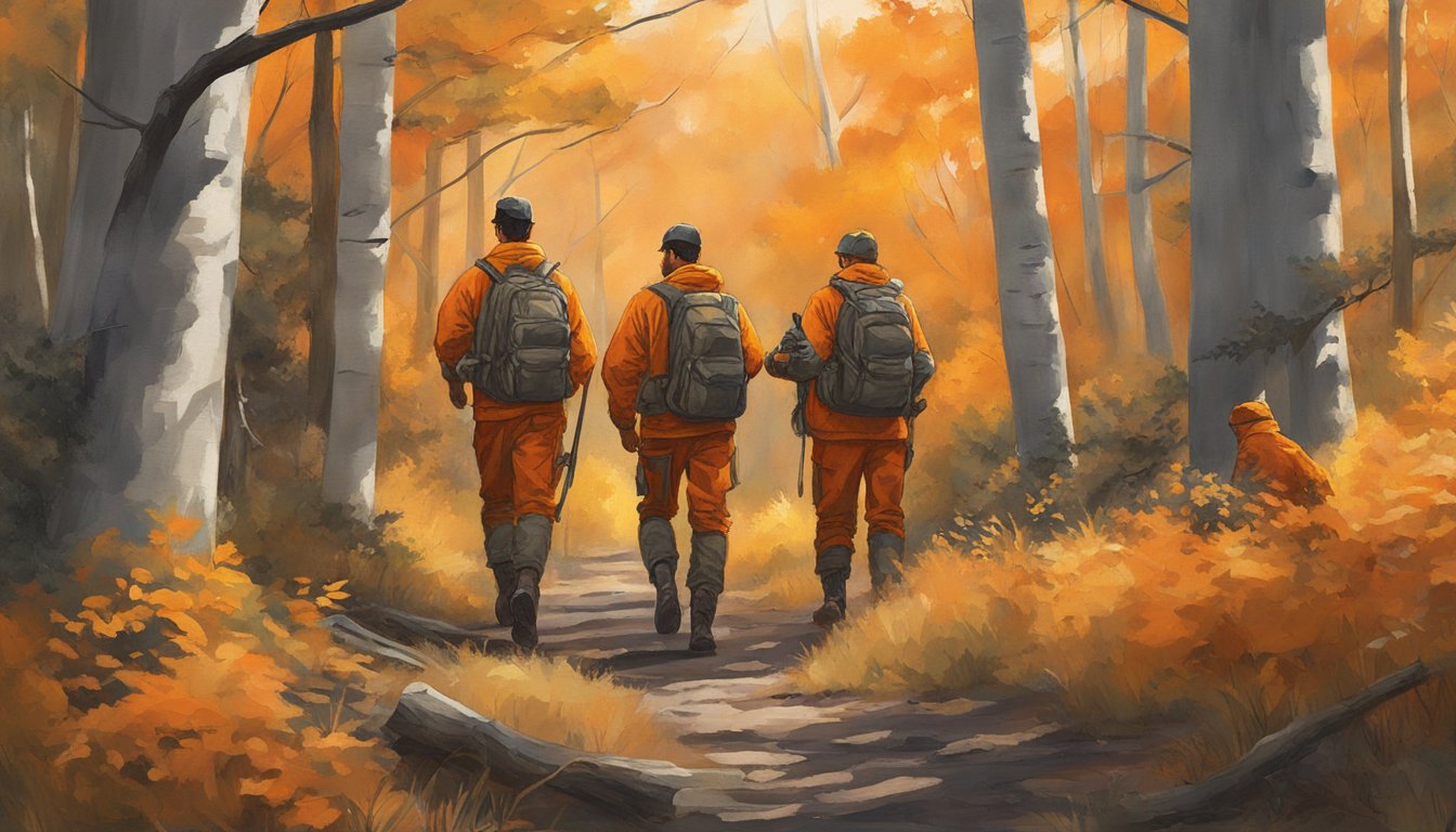 A group of young hunters wearing blaze orange clothing walk through the forest, their bright attire standing out against the muted colors of the trees and underbrush