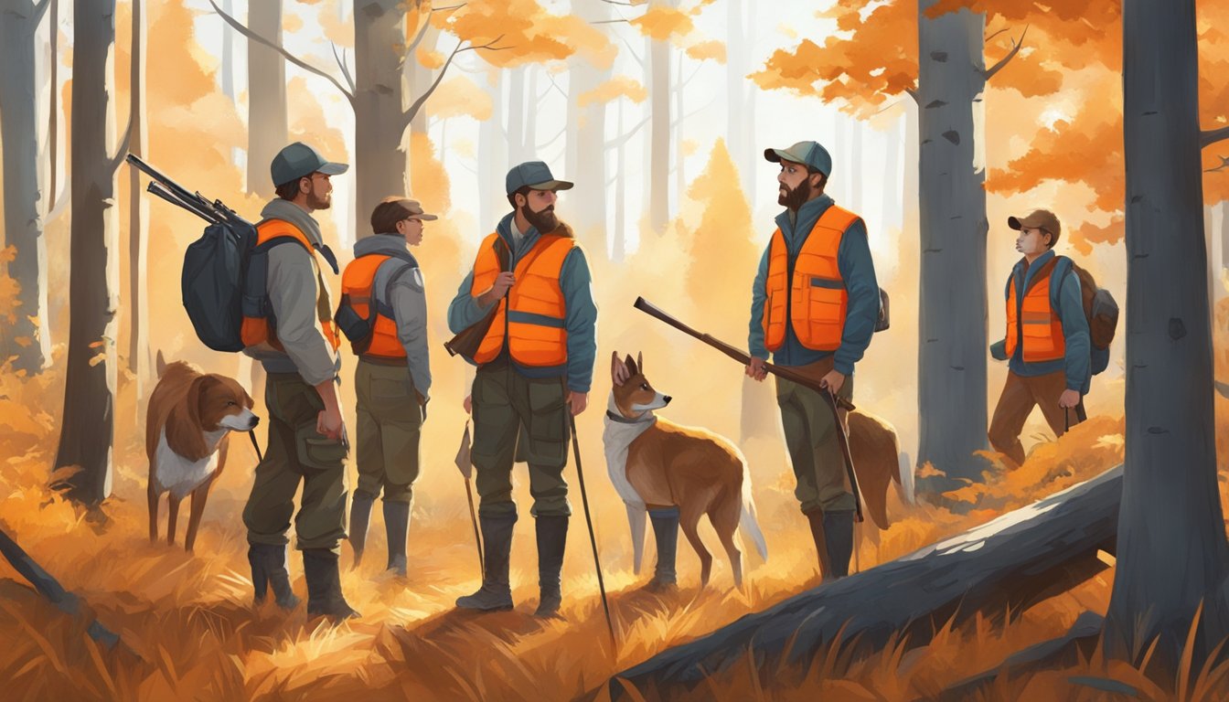 A group of young hunters in bright orange vests gather in a forest clearing, supervised by adults and following ethical hunting practices