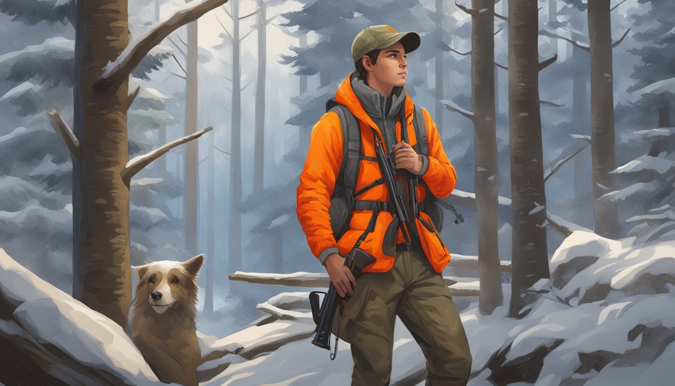 A young hunter stands in a forest, wearing bright blaze orange hunting clothing, with a rifle slung over their shoulder