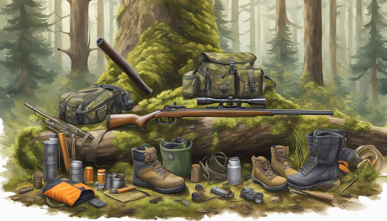 A forest clearing with a variety of youth hunting gear laid out on a mossy log, including camo clothing, boots, a rifle, and binoculars