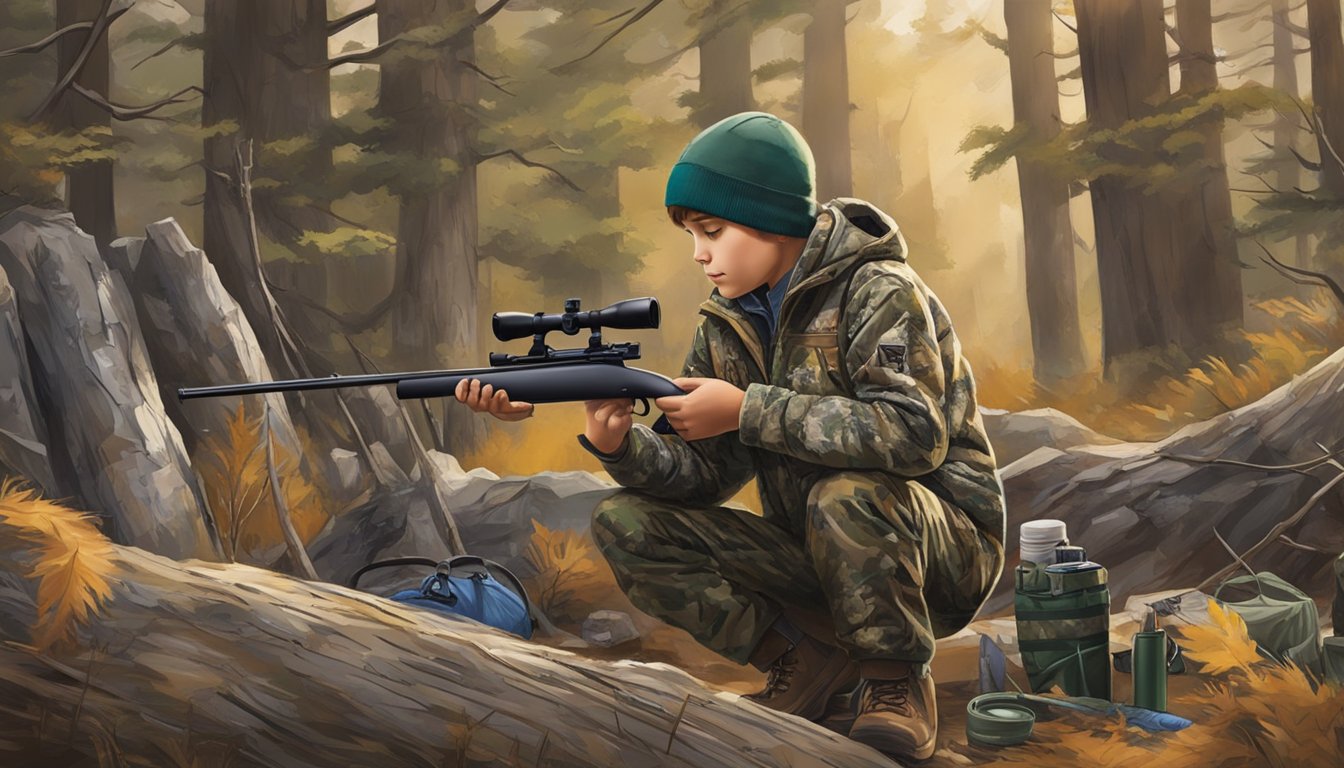 A young hunter carefully chooses the right base layers from Cabela's youth hunting gear, surrounded by camouflage clothing and outdoor equipment