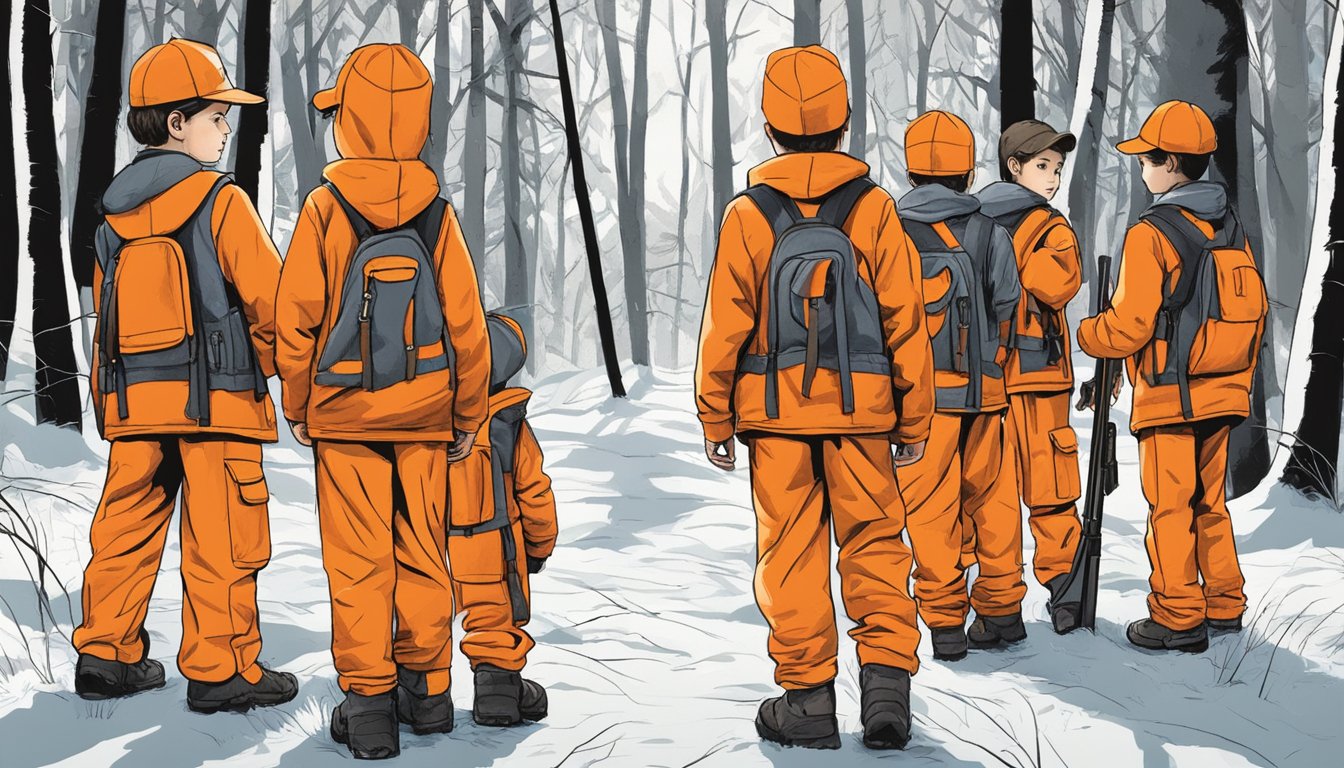 A group of children wearing blaze orange hunting clothing, standing in a wooded area, with a focus on their privacy and consent