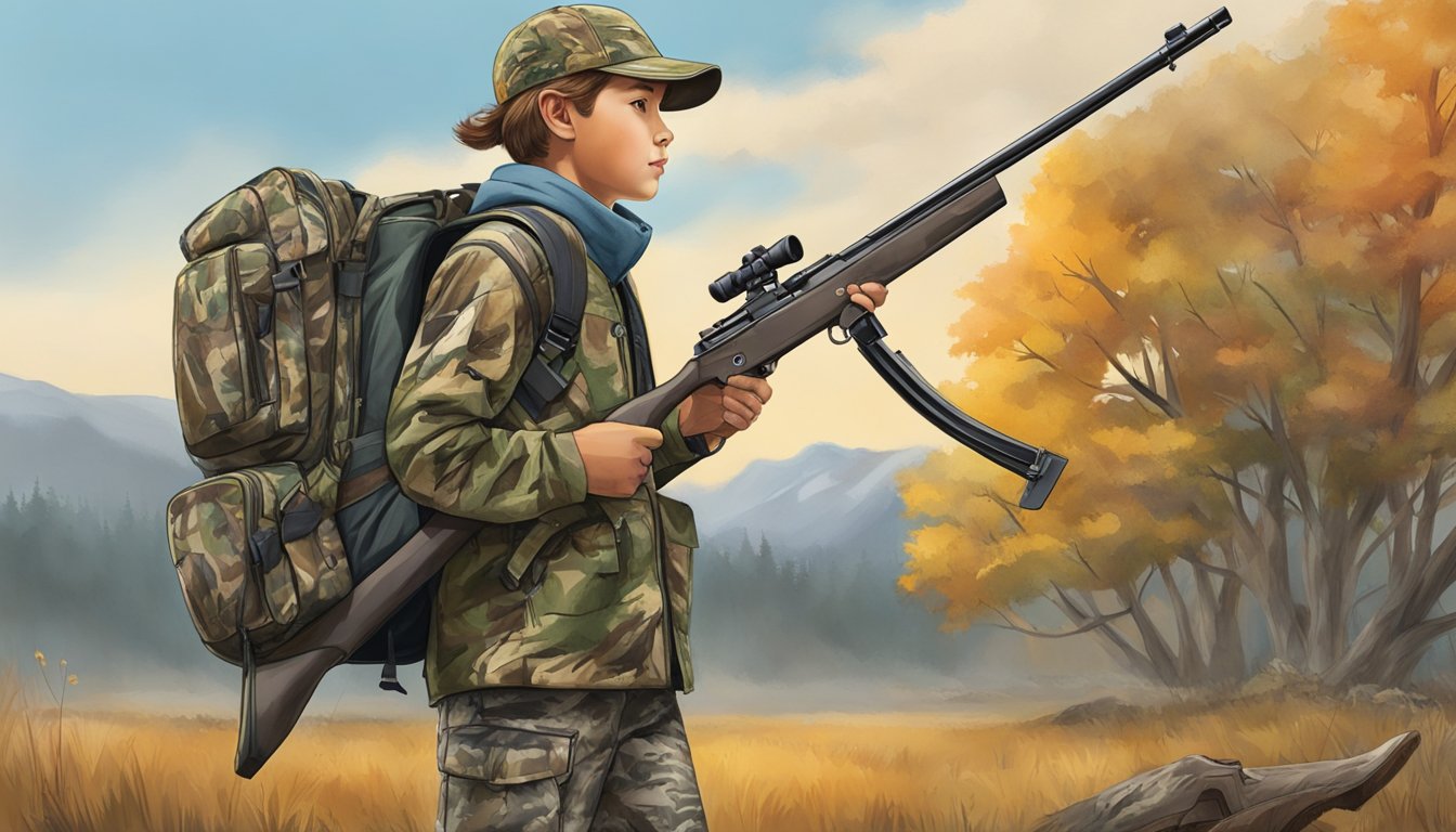 A young hunter wearing Cabela's youth hunting gear, including a camouflage jacket, pants, boots, and a hat, carrying a backpack and rifle