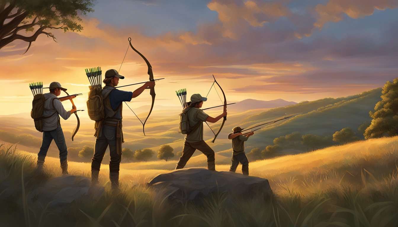 A group of young hunters in Burnet County prepare their bows and arrows for the upcoming archery season. The sun sets over the rolling hills as they carefully take aim at their targets