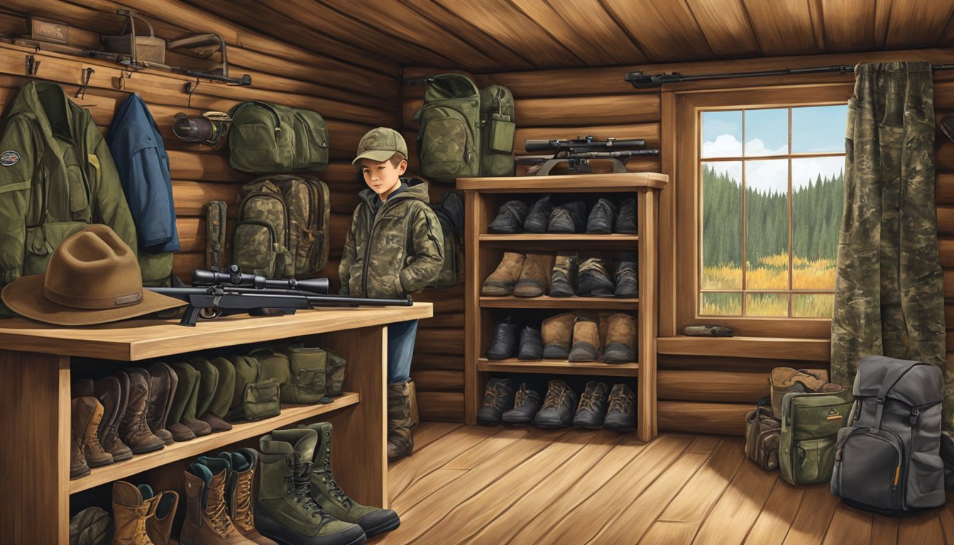 A young hunter admires Cabela's youth hunting gear displayed on a wooden shelf in a rustic hunting cabin. The gear includes camouflage clothing, boots, binoculars, and a hunting rifle