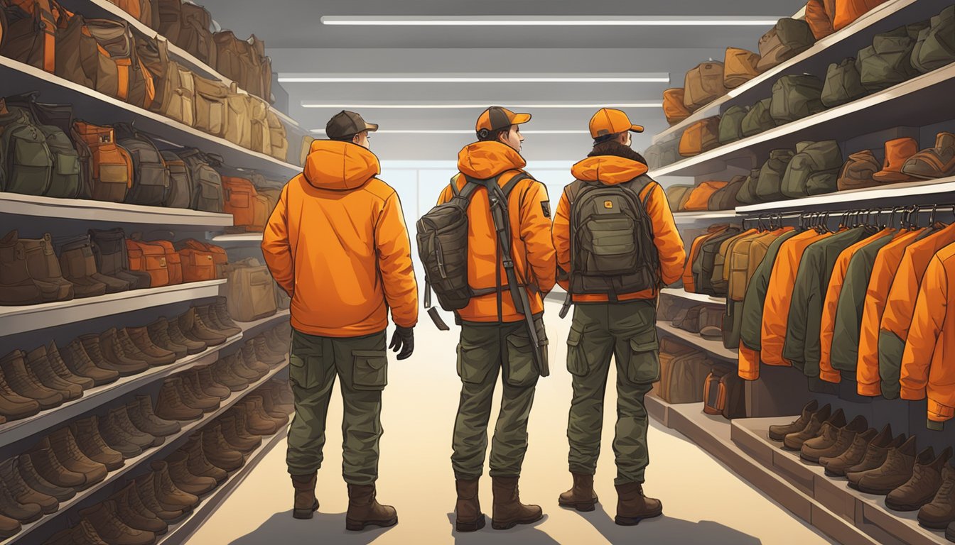 A group of young hunters in blaze orange clothing browse through a well-stocked hunting gear store