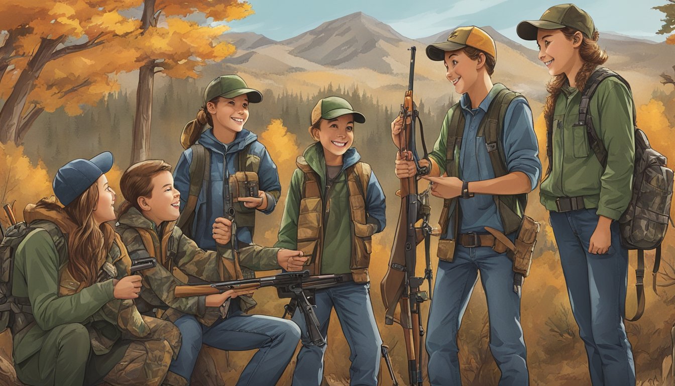 A group of young hunters excitedly gather around a display of Cabela's youth hunting gear, pointing and discussing the various loyalty programs and discounts available