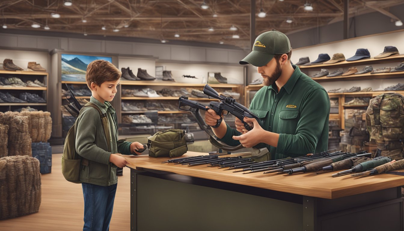 A young hunter browsing Cabela's youth hunting gear with a helpful employee assisting