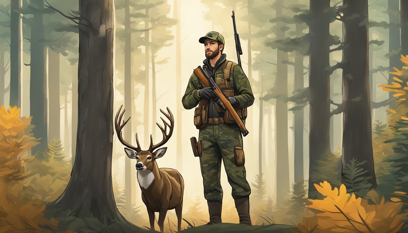 A young hunter wearing Cabela's gear, holding a rifle, standing in a forest clearing with a deer in the background