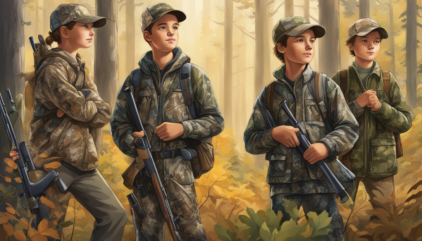 A group of young hunters wearing Cabela's youth hunting clothes, standing in a forest with camouflage patterns, holding rifles and binoculars