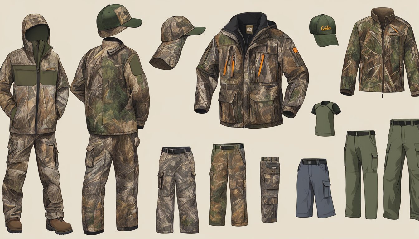 A display of Cabela's youth hunting clothes in various sizes and styles, including jackets, pants, and camouflage patterns